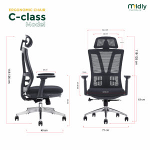 ขนาดเก้าอี้ออฟฟิศสุขภาพ รุ่น mildly-ergonomicchair-cclass เก้าอี้ทำงาน เก้าอี้ออฟฟิศ ครบทุกฟังก์ชันตามหลักสรีรศาสตร์