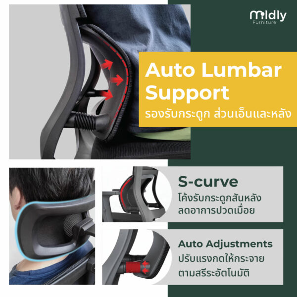 เก้าอี้สุขภาพ เก้าอี้ทำงาน mildly e-class เจ้าแรกเพิ่มฟังก์ชั่น Lumbar support ลดอาการปวดหลังกระดูกเอวได้จริง